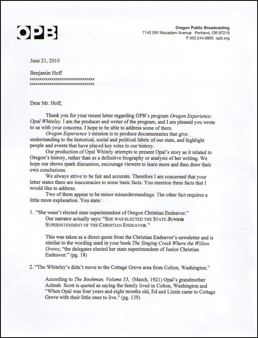 Reply from OPB to Benjamin Hoff June 2010